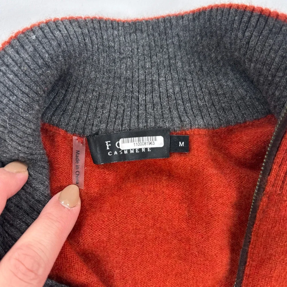 Forte Cashmere Mens Sweater Medium Orange Quarter Zip Pullover Mock Neck Soft